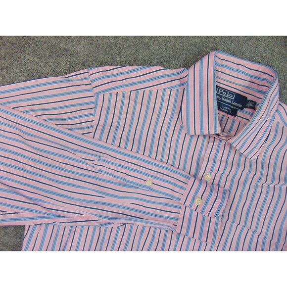 Polo Ralph Lauren Shirt Mens 15.5x34/35 Curham Classic Fit Pink Blue Stripe - Picture 1 of 8